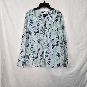 Sonoma Life Style Women's Blue Floral Long Sleeve Silk Blend Button Blouse Large